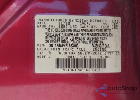 2011 Nissan Sentra 2.0Sr from USA, damaged, VIN 3N1AB6APXBL653103
